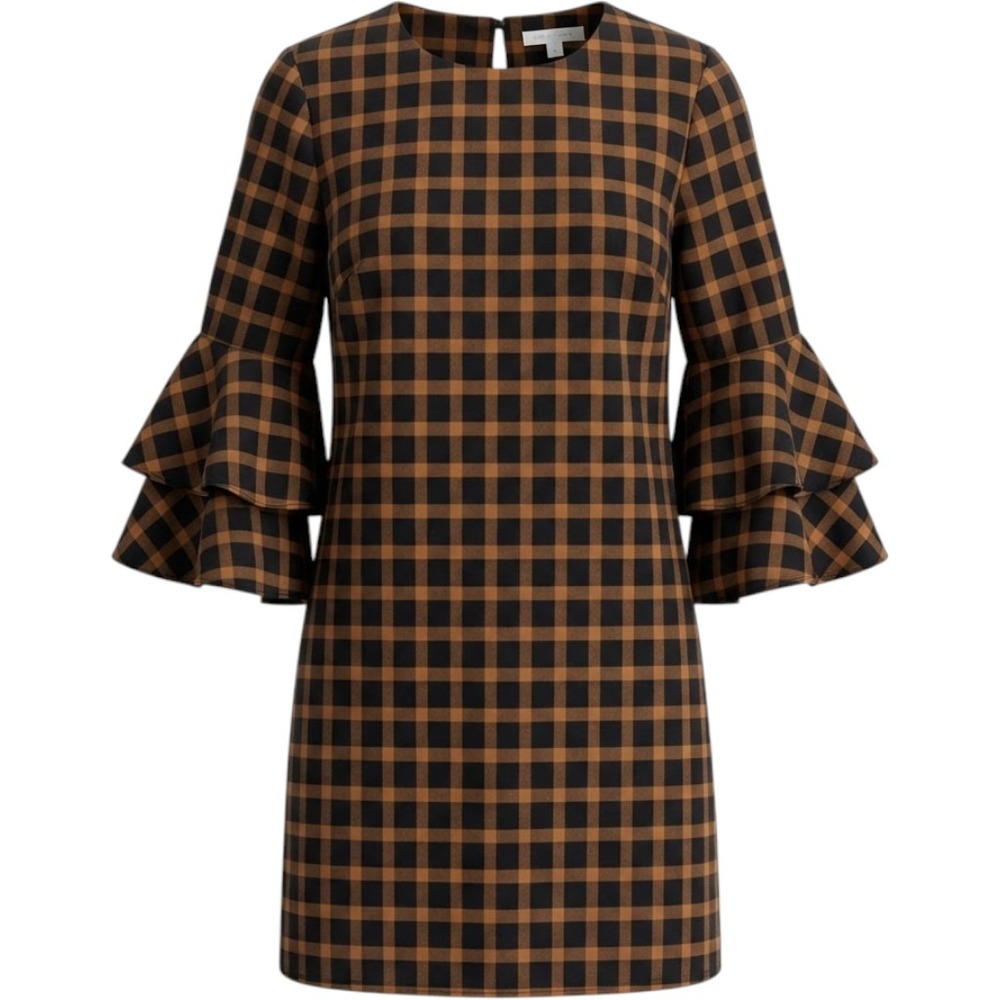 Beachlunchlounge Delphina Gingham Ruffle Bell Sleeve Dress Tobacco Orange L